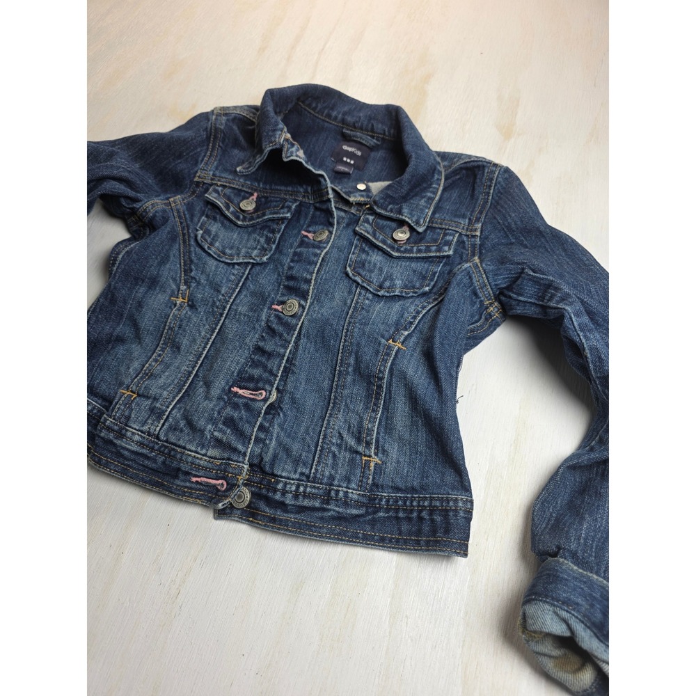 Gap Kids Denim Trucker Jacket Medium Wash Pink Stitching Girls Large Classic